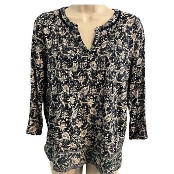 Lucky Brand Floral Boho Cotton Navy and White Top. 3/4 Sleeves. Size SP - Picture 1 of 5